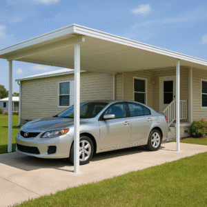 Car underneath mobile home carport