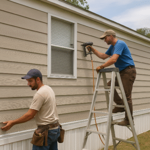 Crew installing siding on mobile home