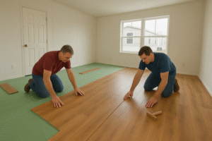 mobile home floor being installed