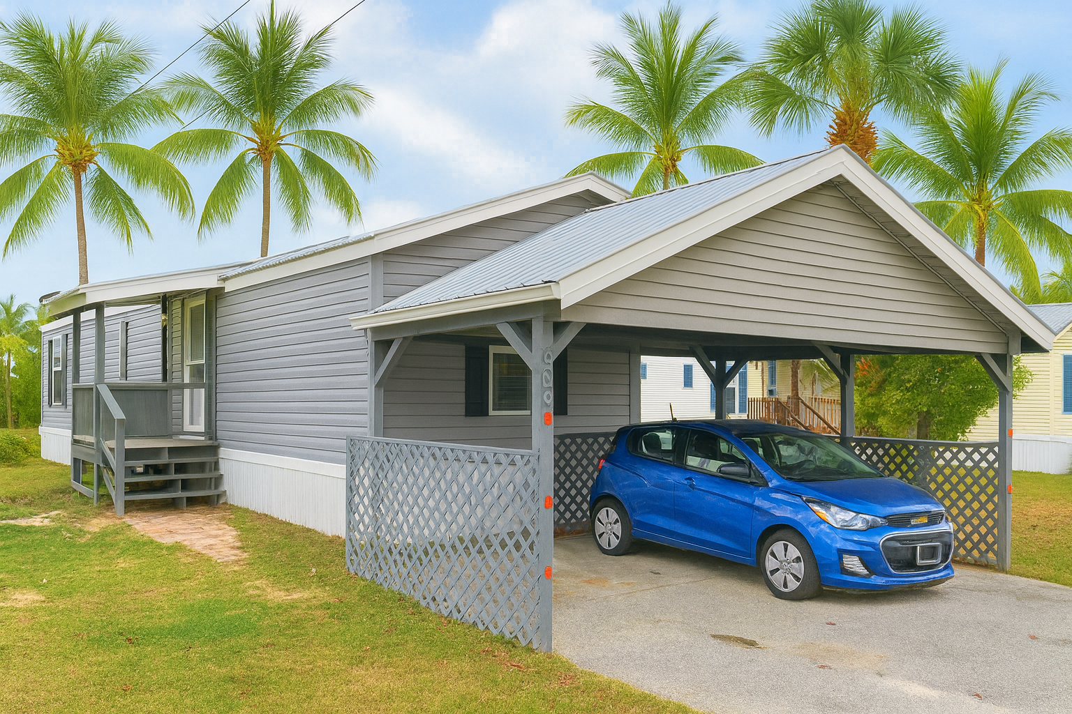 Florida mobile home with newly installed aluminum carport, providing covered parking beside the home.