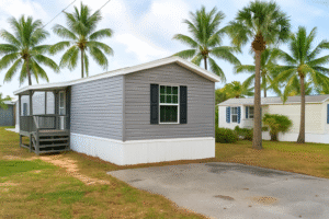 Florida mobile home with open driveway and no carport installed, showing siding, porch, and palm trees in the background