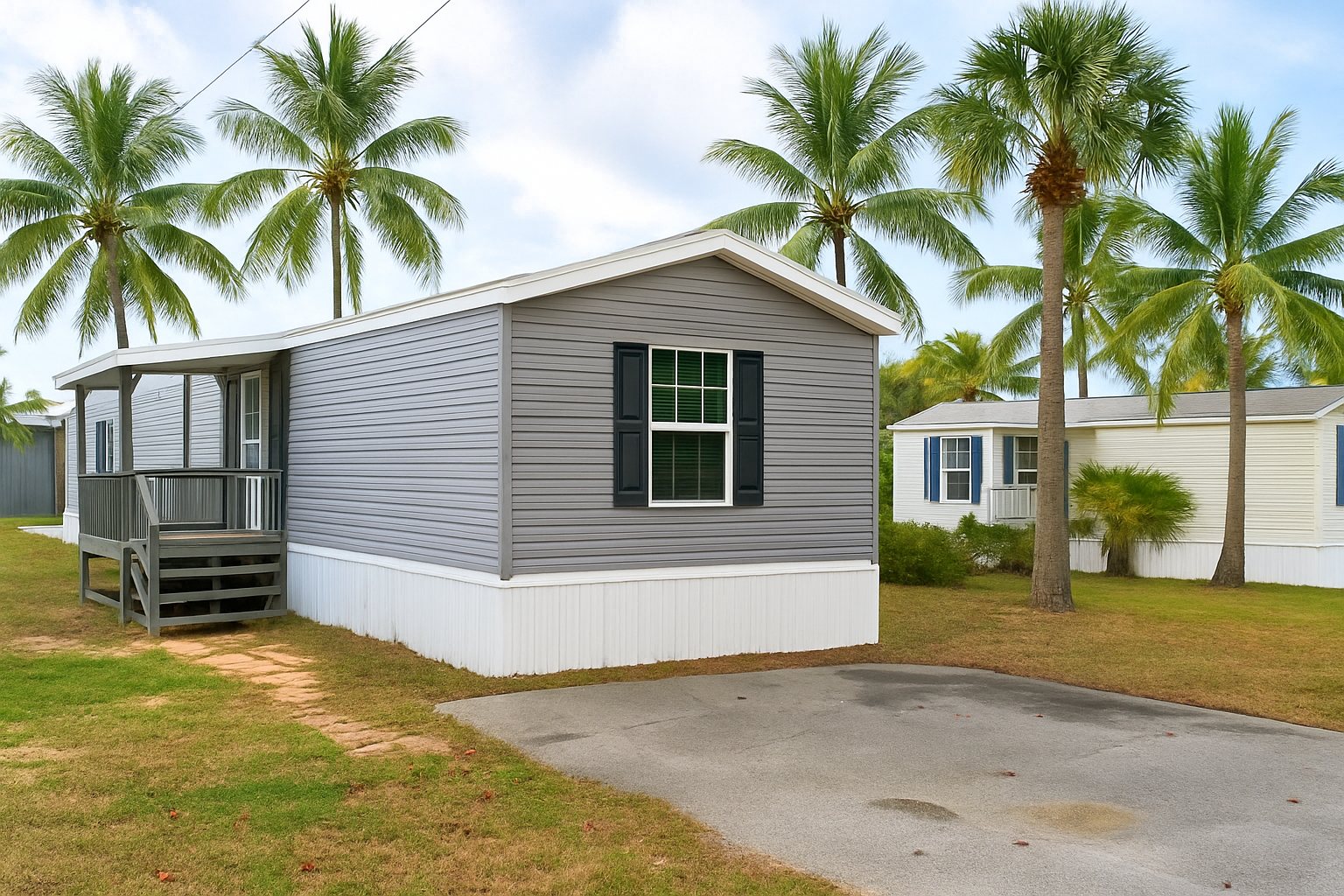Florida mobile home with open driveway and no carport installed, showing siding, porch, and palm trees in the background