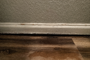 Sagging mobile home floor showing dip along the baseboard before subfloor repair in Florida