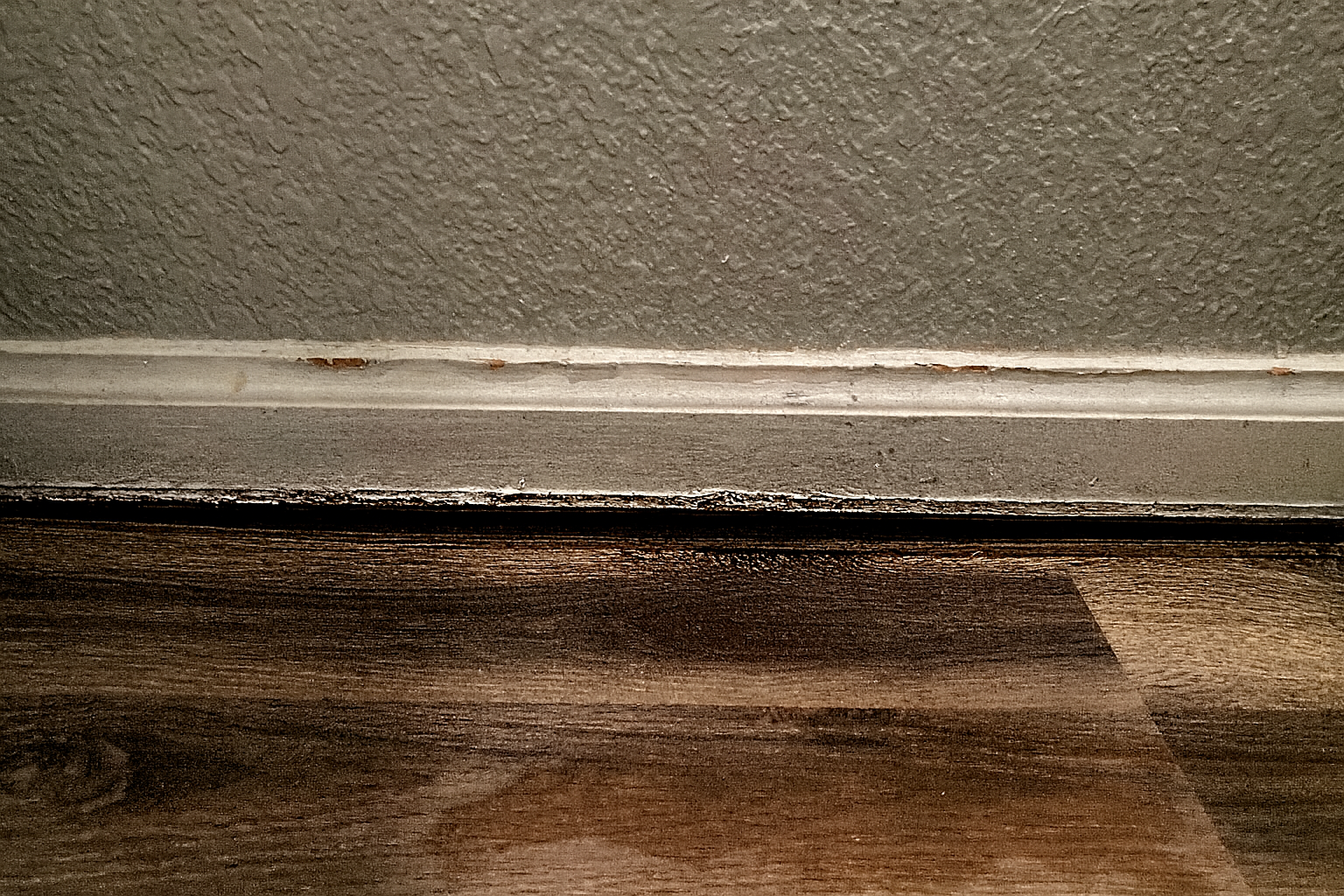 Sagging mobile home floor showing dip along the baseboard before subfloor repair in Florida