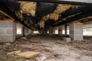 Damaged underbelly on a mobile home with insulation hanging down and exposed crawlspace before mobile home underbelly repair