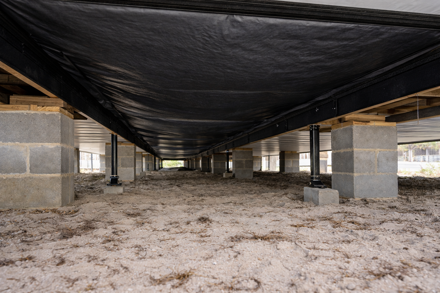 New mobile home underbelly installed with tight black vapor barrier protecting insulation and floor.